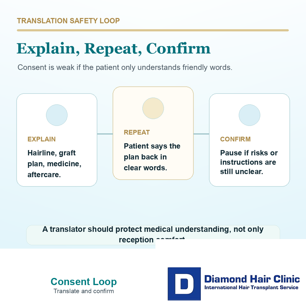 Support card showing the translation confirmation loop before hair transplant abroad