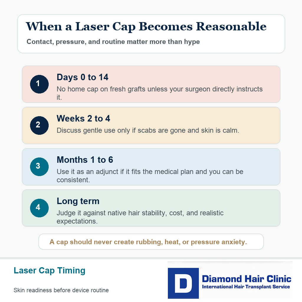 Diamond Hair Clinic timing card showing when a home laser cap can be discussed after hair transplant