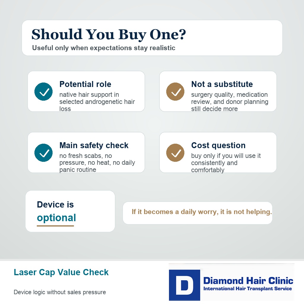Diamond Hair Clinic card explaining when a laser cap is useful and when expectations are unrealistic