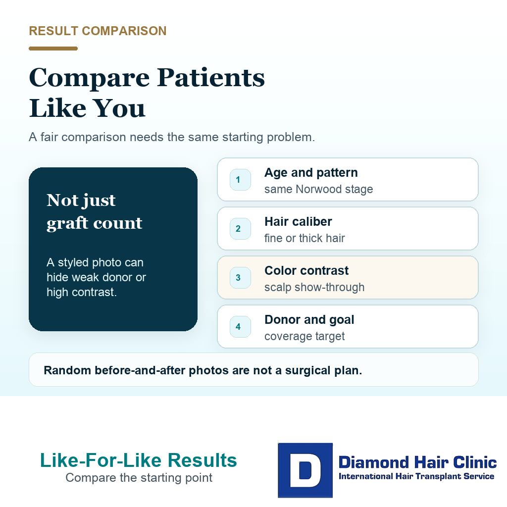 Support visual explaining how patients in their 40s or 50s should compare hair transplant results by age pattern hair caliber color contrast donor and coverage goal