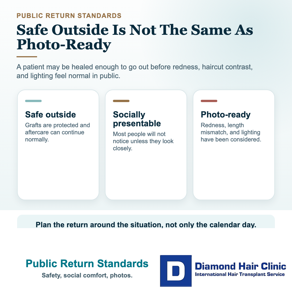 Visual explaining the difference between safe to go outside socially presentable and photo ready after hair transplant recovery
