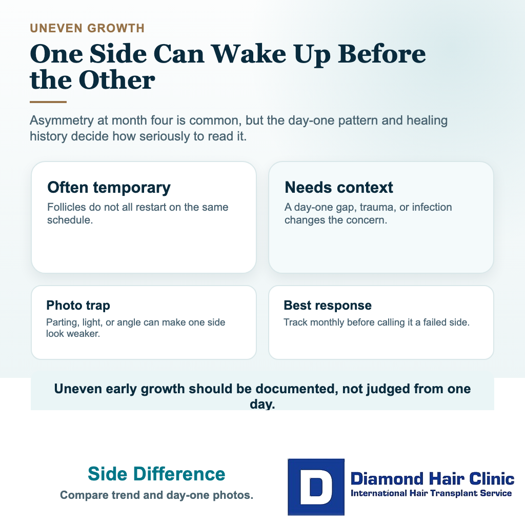 Card explaining why one side may grow slower than the other at 4 months after a hair transplant