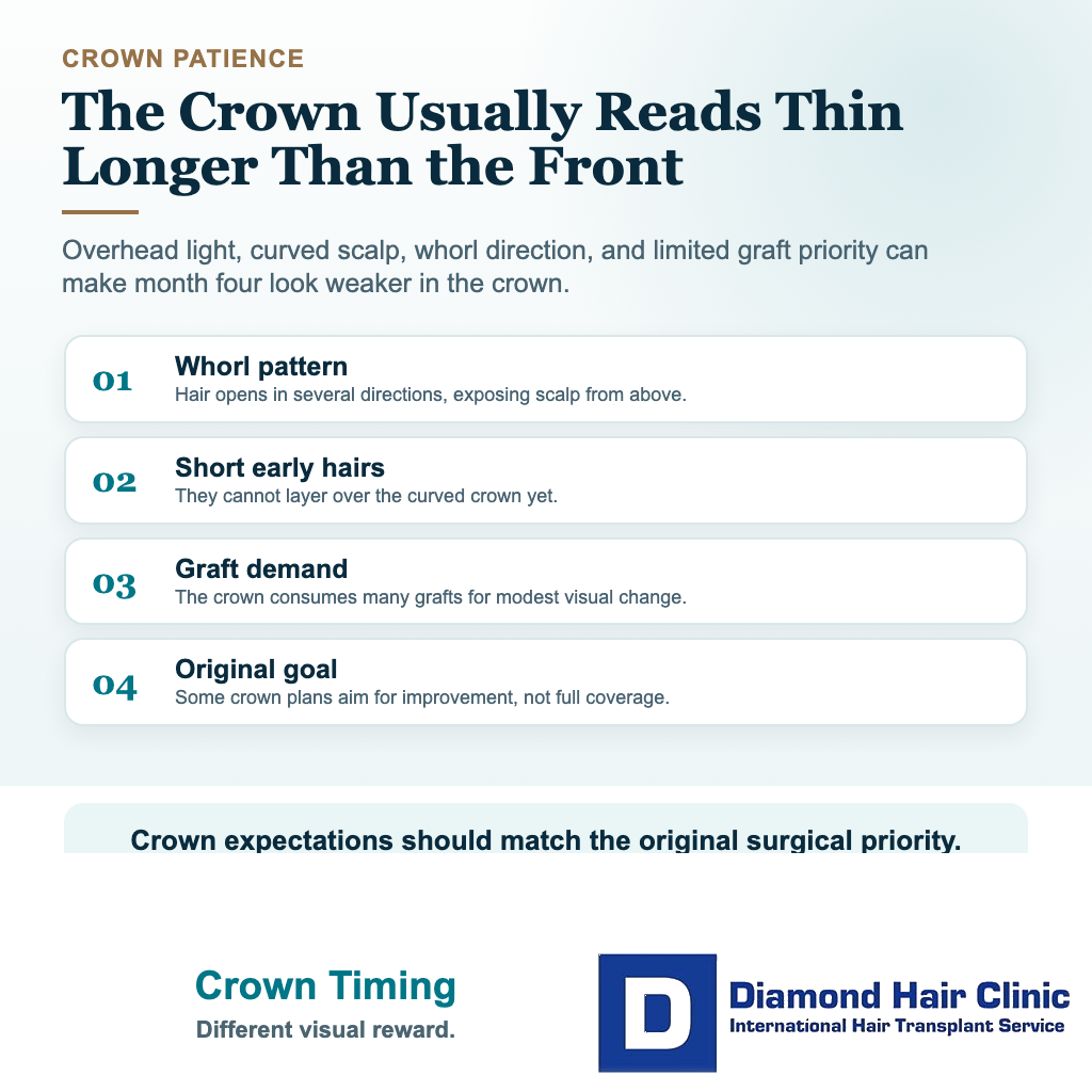 Card explaining why crown density often needs more patience than frontal hairline density at 4 months after transplant