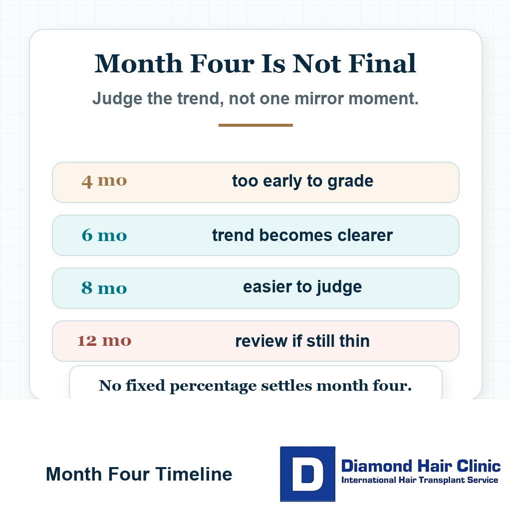 Timeline card showing that low density at 4 months after a hair transplant should be judged as a trend over later months