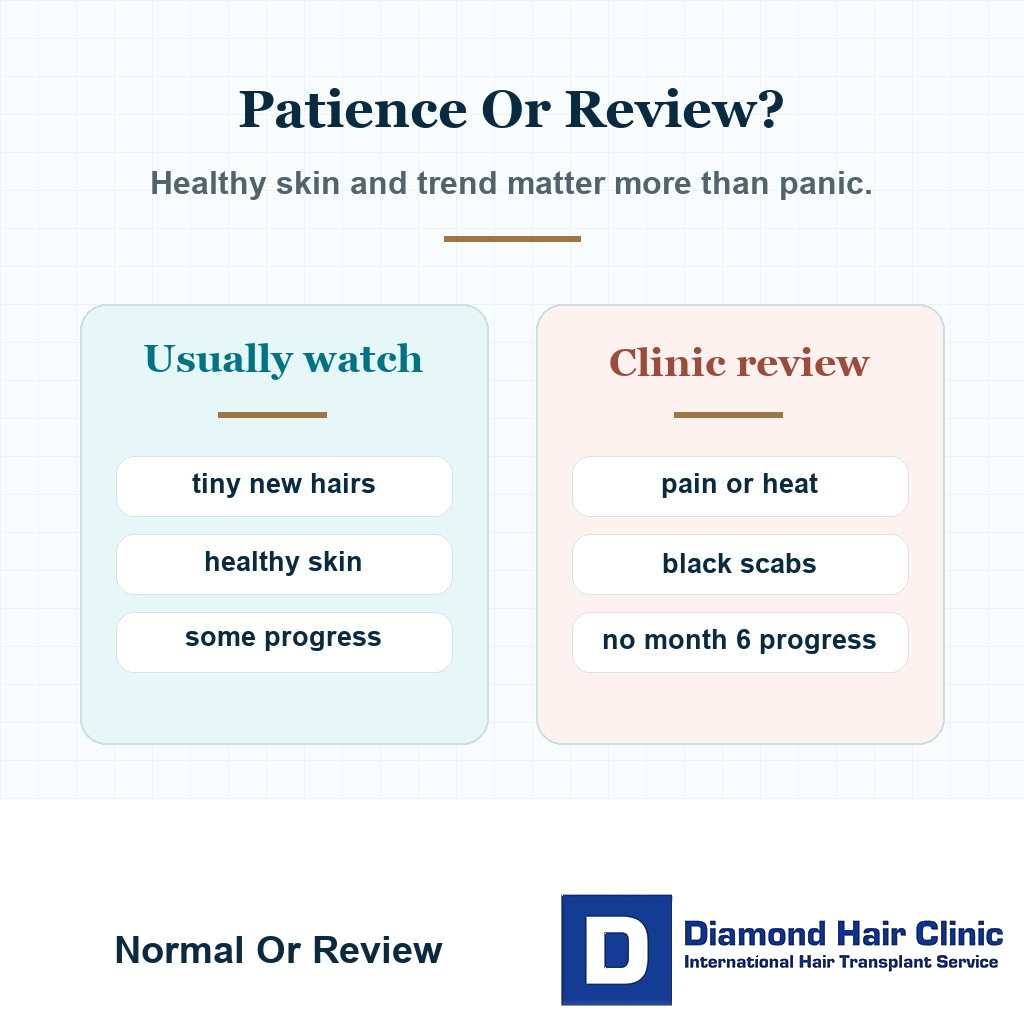 Decision card comparing normal early low density signs with warning signs that deserve clinic review