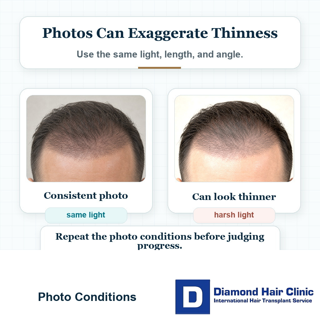 Visual showing why low density at 4 months should be compared using the same lighting angle and hair condition