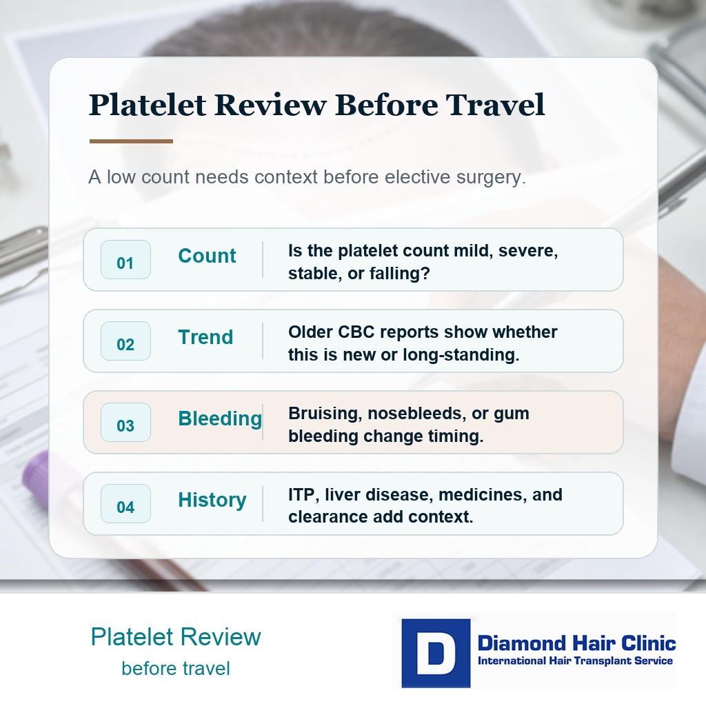 Platelet review card showing count trend bleeding symptoms and history before hair transplant travel