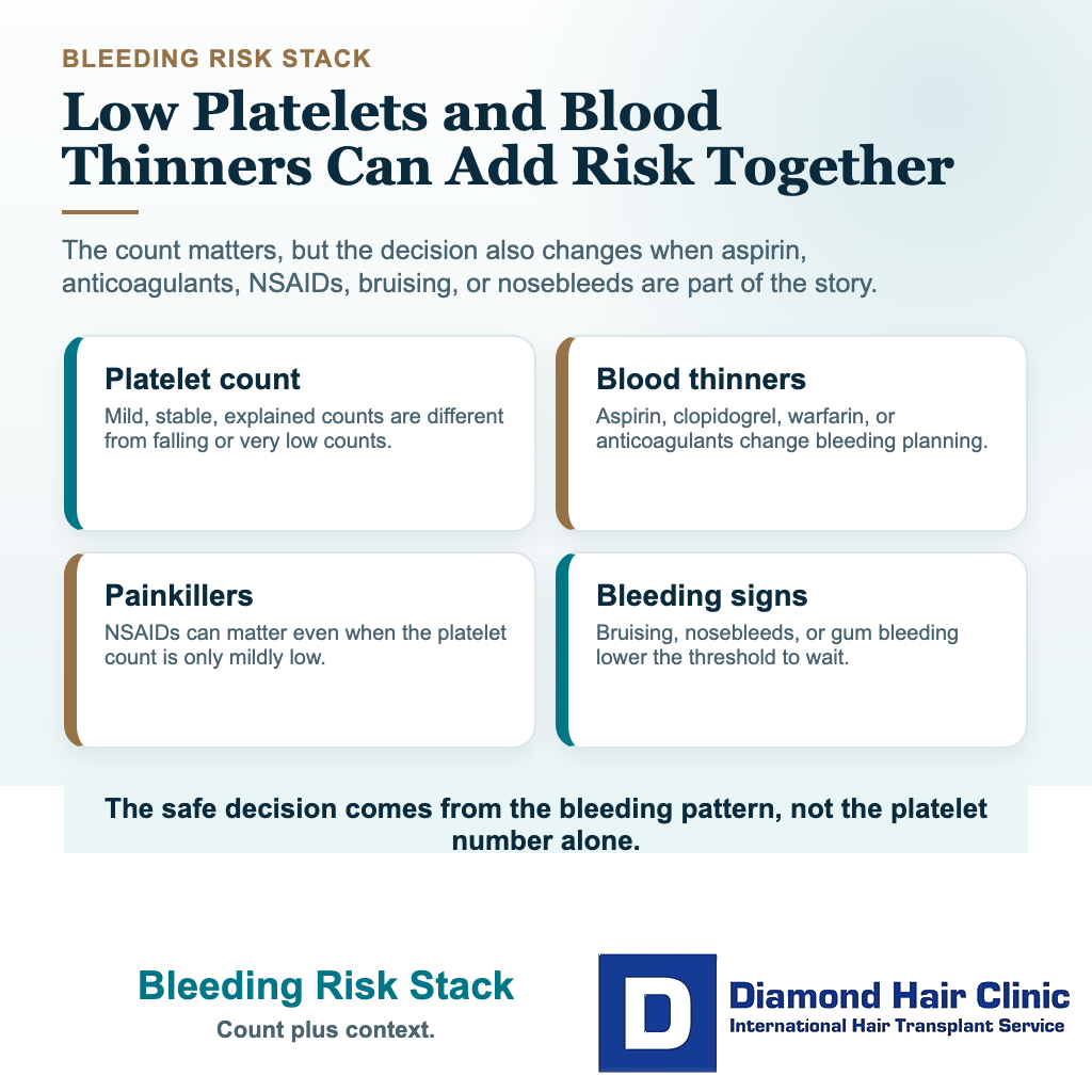 Low platelets hair transplant visual explaining how platelet count blood thinners painkillers and bleeding symptoms combine