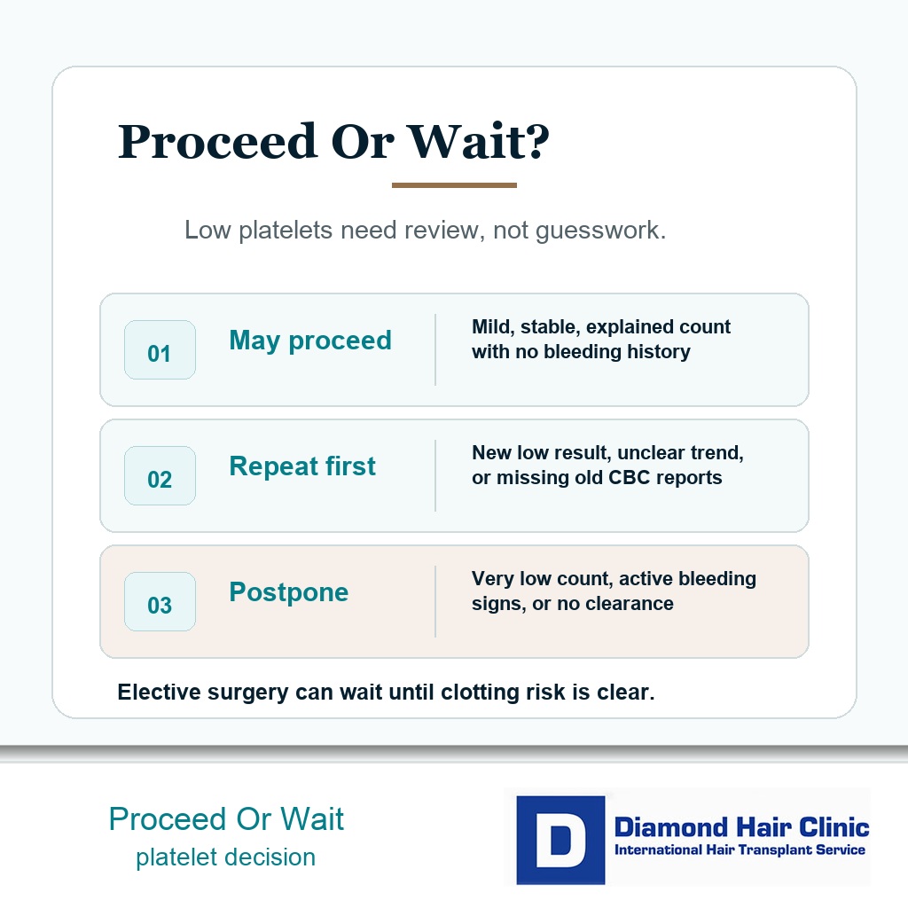 Decision card showing when hair transplant may proceed repeat testing or wait with low platelets