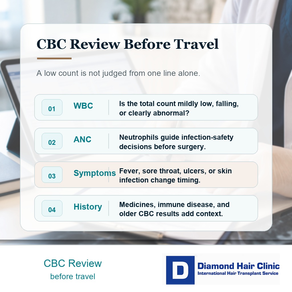 CBC review card showing WBC ANC symptoms and medical history before hair transplant travel