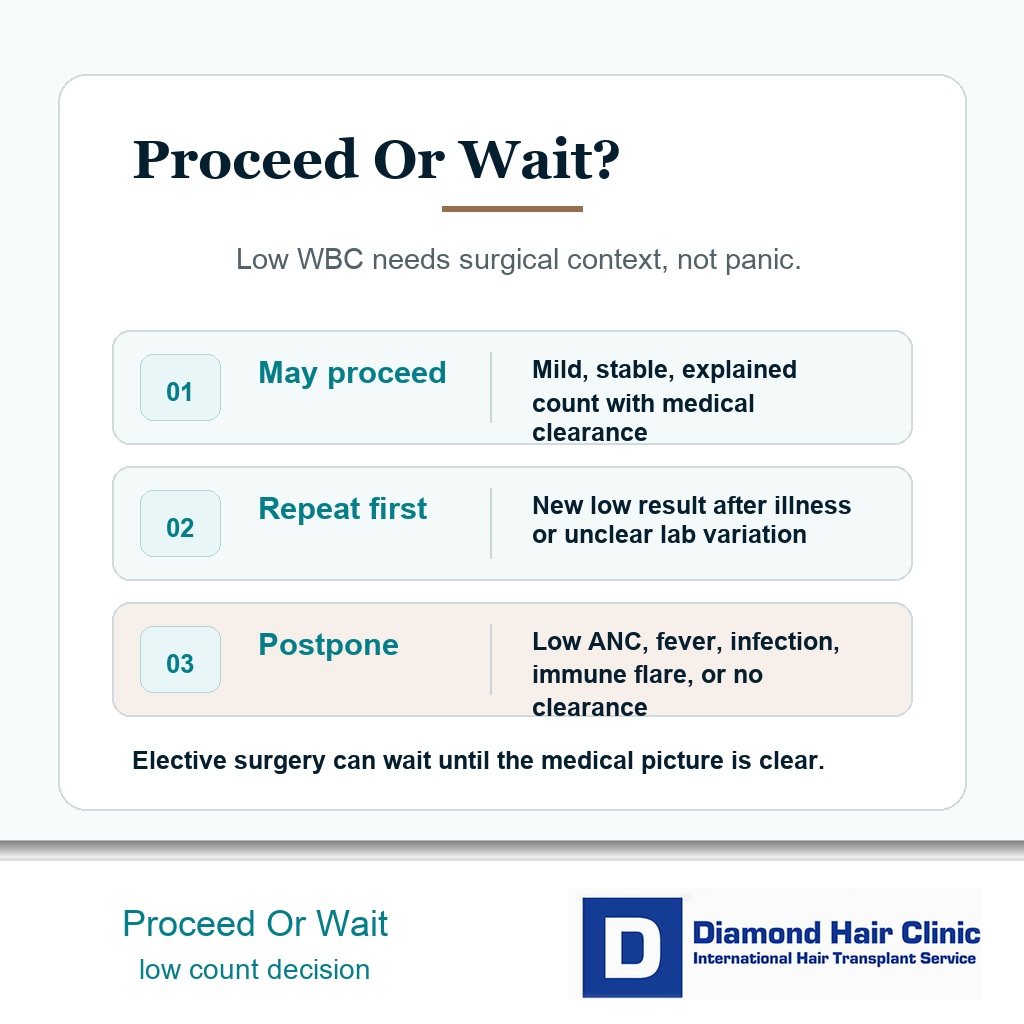 Decision card showing when hair transplant may proceed repeat testing or wait with low WBC