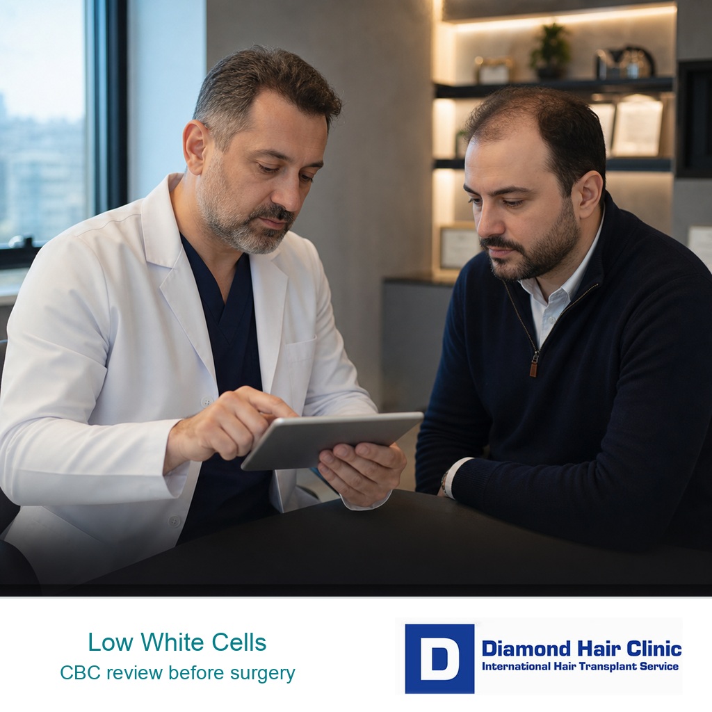 Doctor reviewing blood test results with a hair transplant patient before surgery