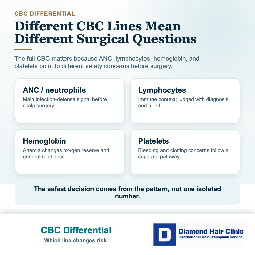 Low white blood cells hair transplant visual explaining why the CBC differential matters before surgery
