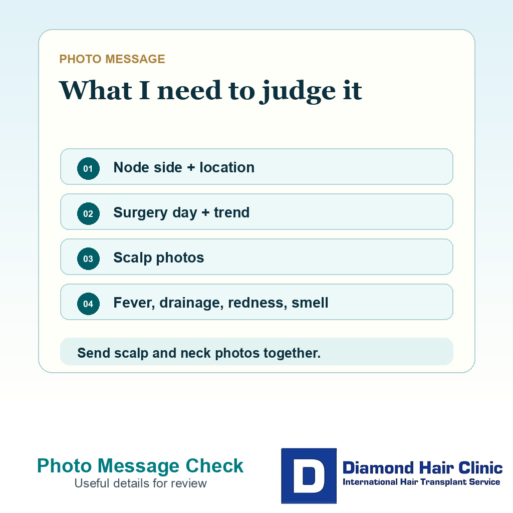 Information card listing details to send the clinic for swollen lymph nodes after hair transplant