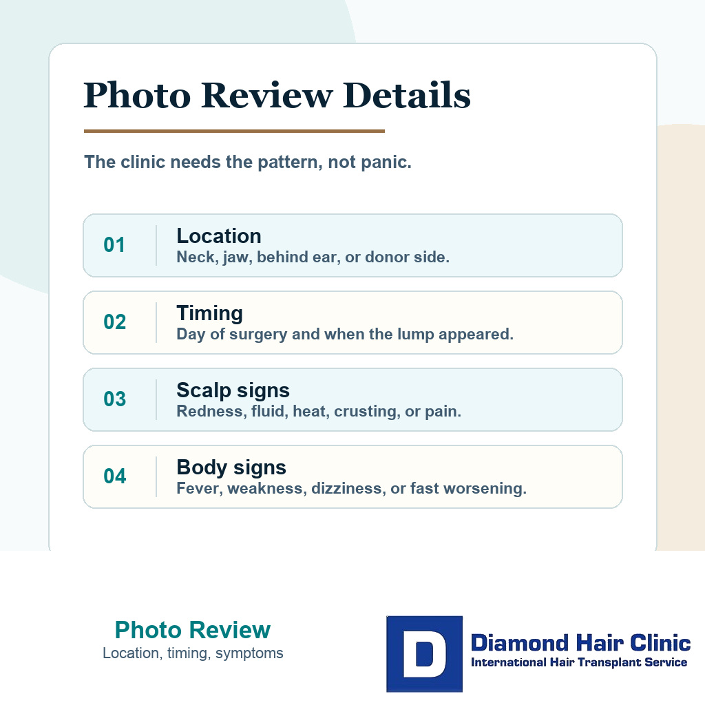 Information card listing location timing scalp signs and body signs for lymph node photo review after FUE