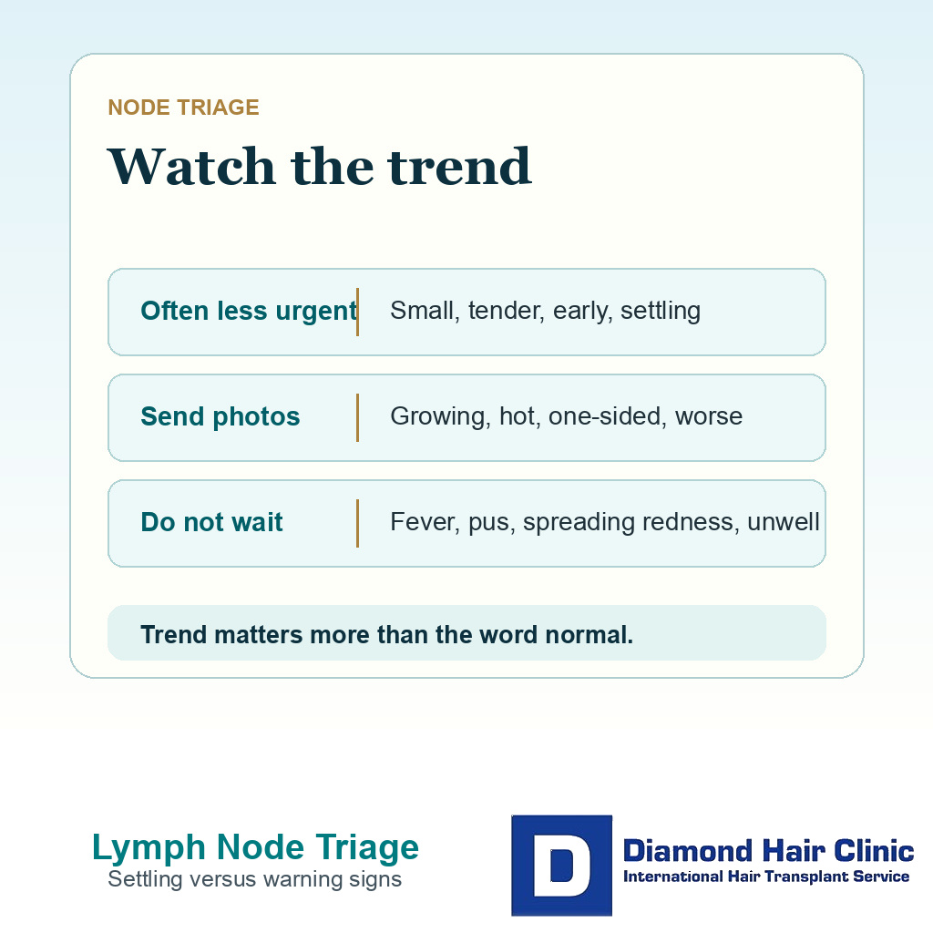 Triage card for swollen neck lymph nodes after hair transplant with warning signs