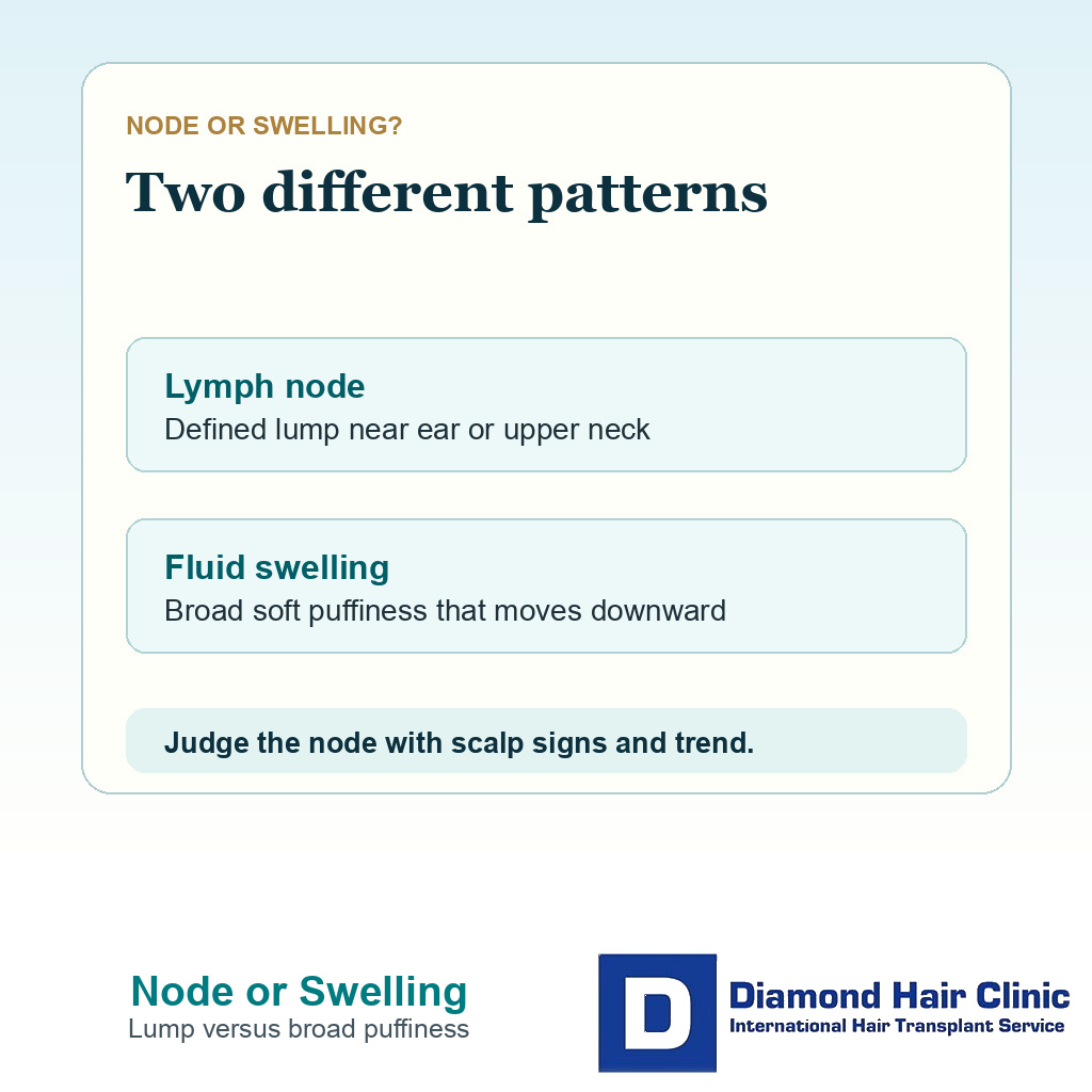 Comparison card showing lymph node lump versus broad fluid swelling after hair transplant