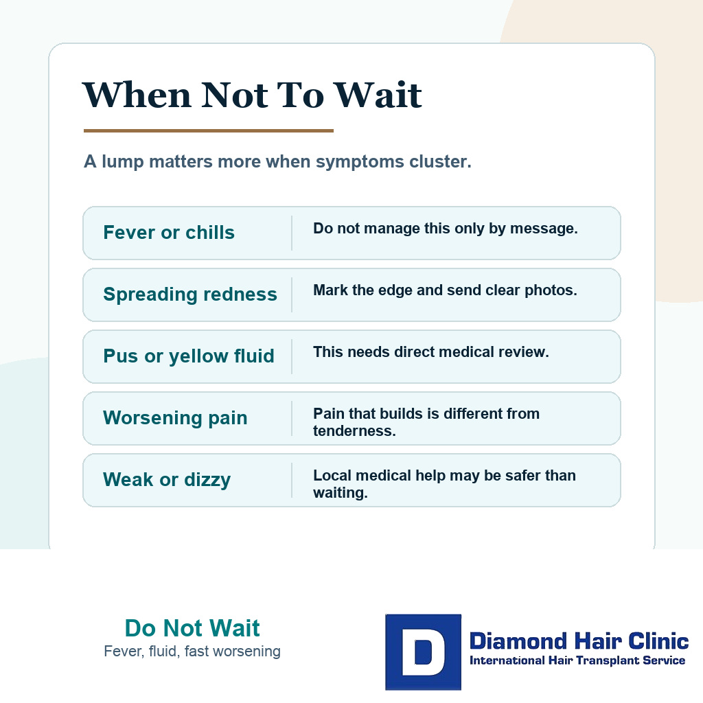Information card listing fever spreading redness pus worsening pain and weakness as warning signs after FUE
