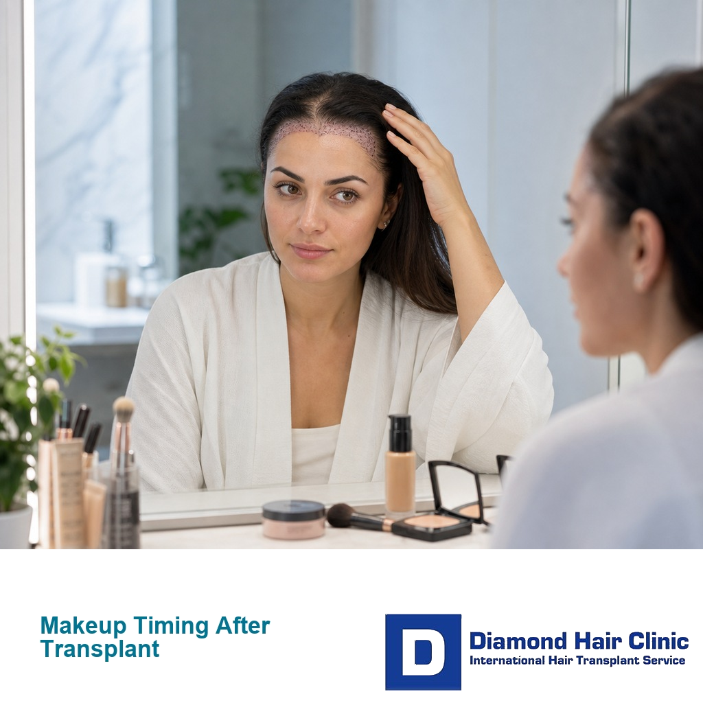 Patient at vanity mirror keeping makeup away from a healing hair transplant hairline