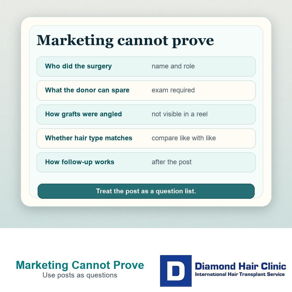 Information card listing what social media marketing cannot prove: surgeon role, donor reserve, graft angles, hair type match, and follow-up.