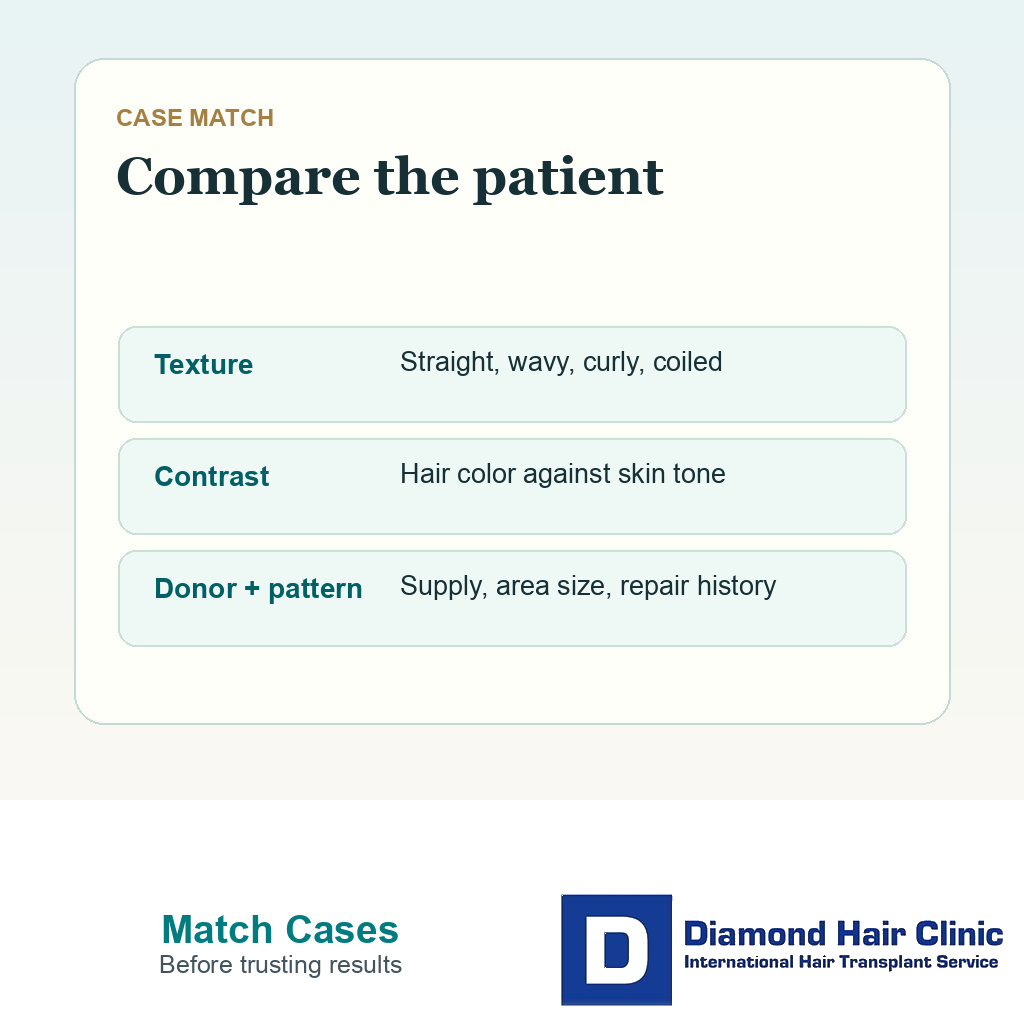 Decision card showing hair texture skin contrast donor supply and loss pattern as hair transplant result comparison factors
