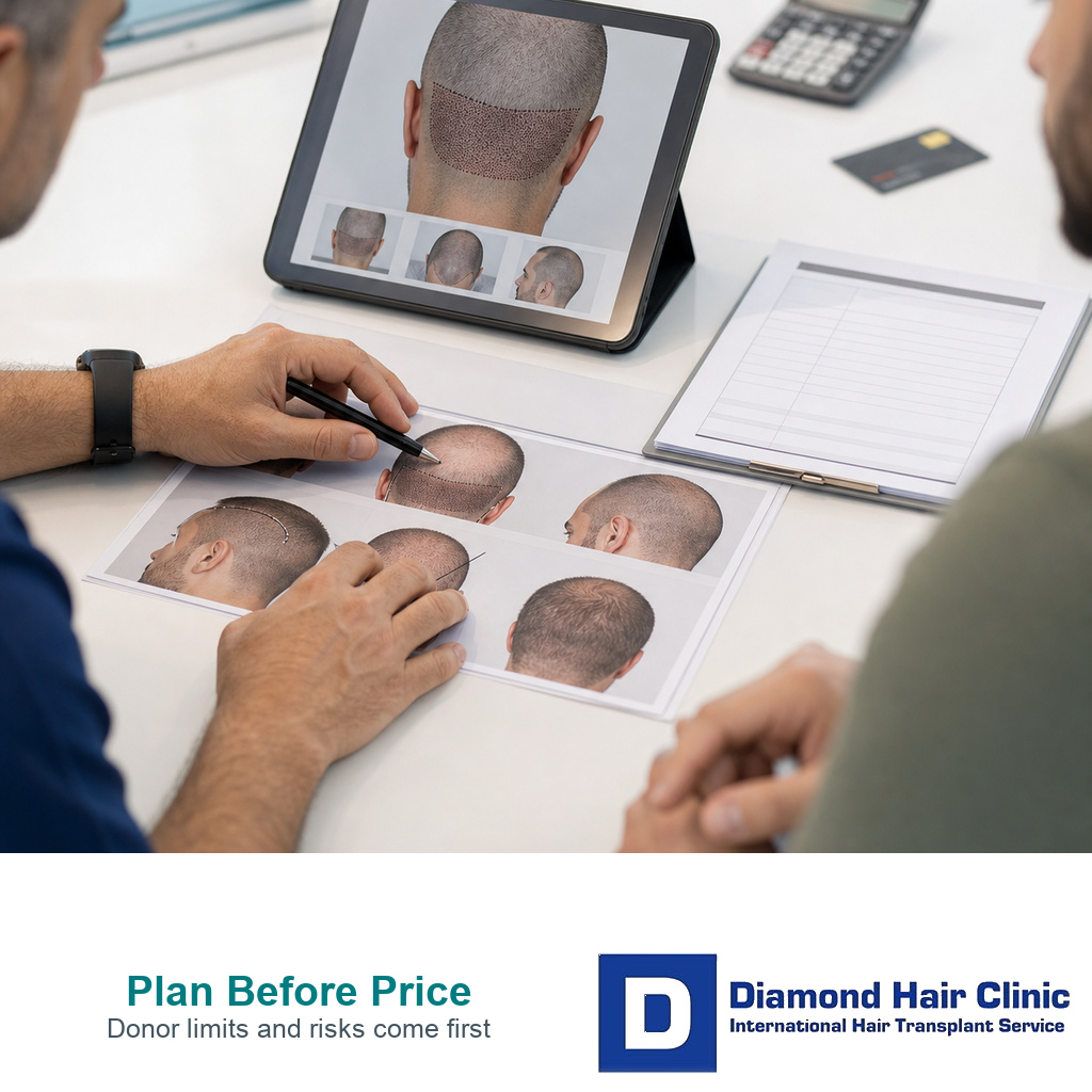 Hair transplant donor assessment photos reviewed beside a quote form