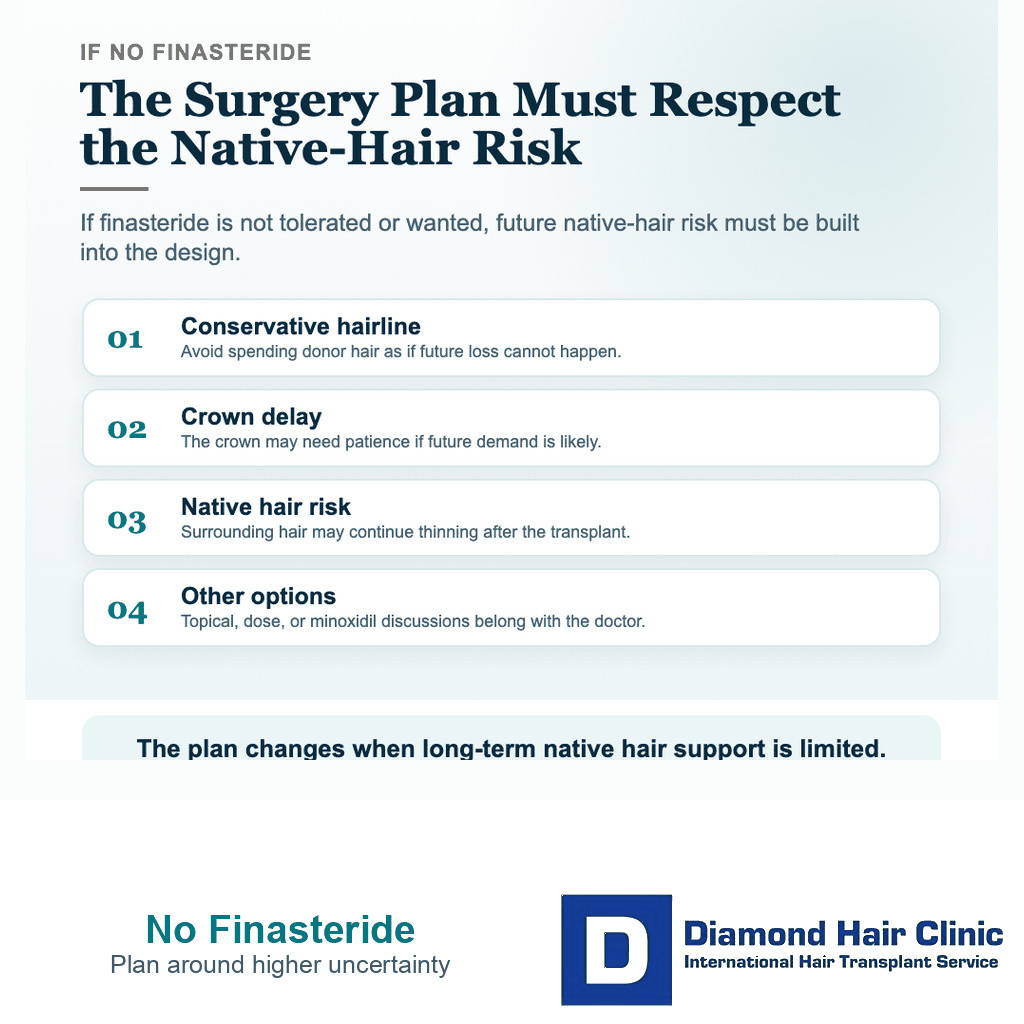 Card explaining how hair transplant planning changes when finasteride is not tolerated or not wanted