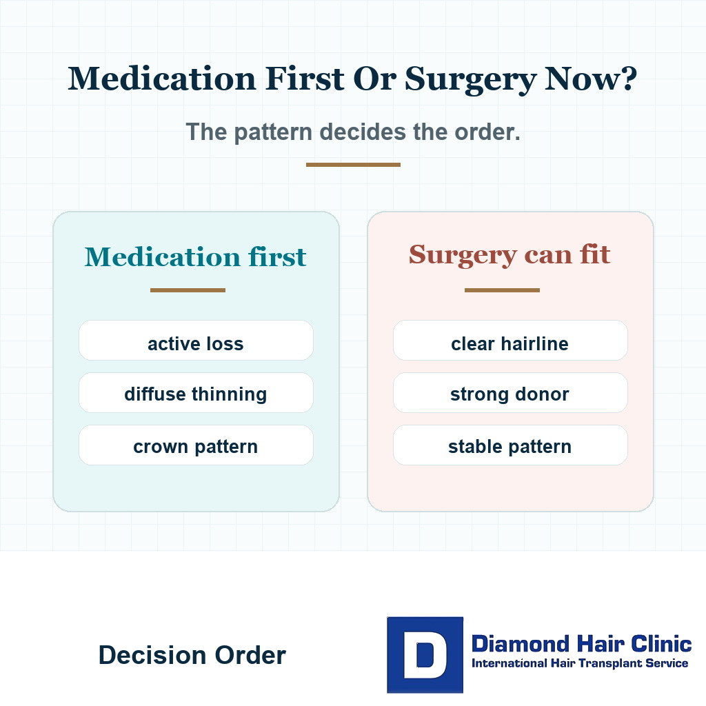 Decision card comparing medication first and surgery now before a hair transplant