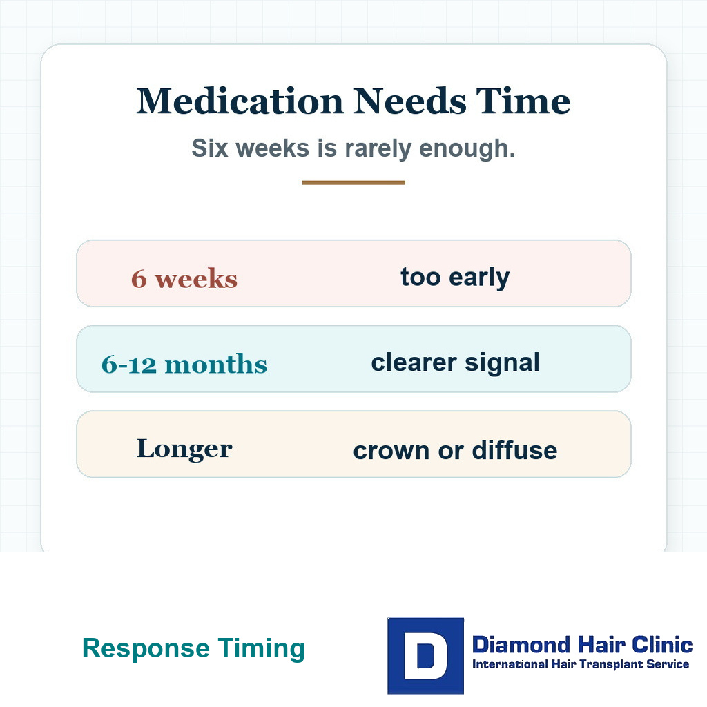 Timeline card showing that medication response before a hair transplant usually needs months to judge