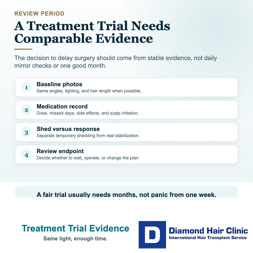 Visual explaining how a medication treatment trial should be reviewed before hair transplant surgery