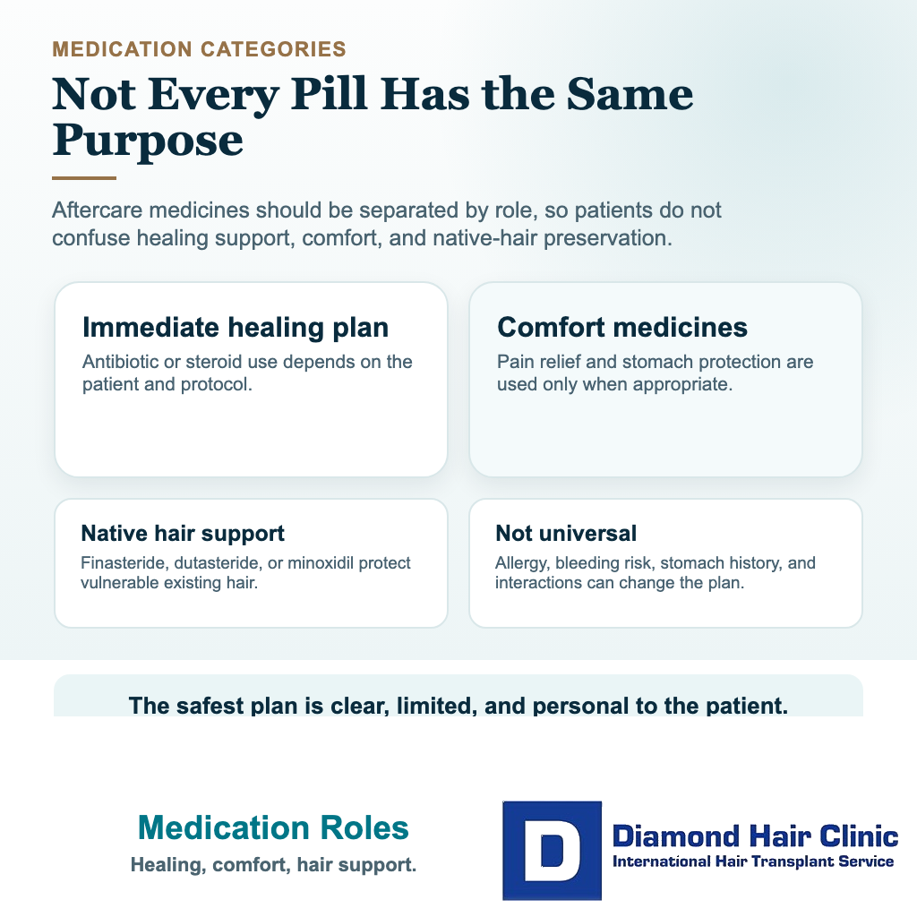 What Medications Are Essential After a Hair Transplant? visual explaining medication roles