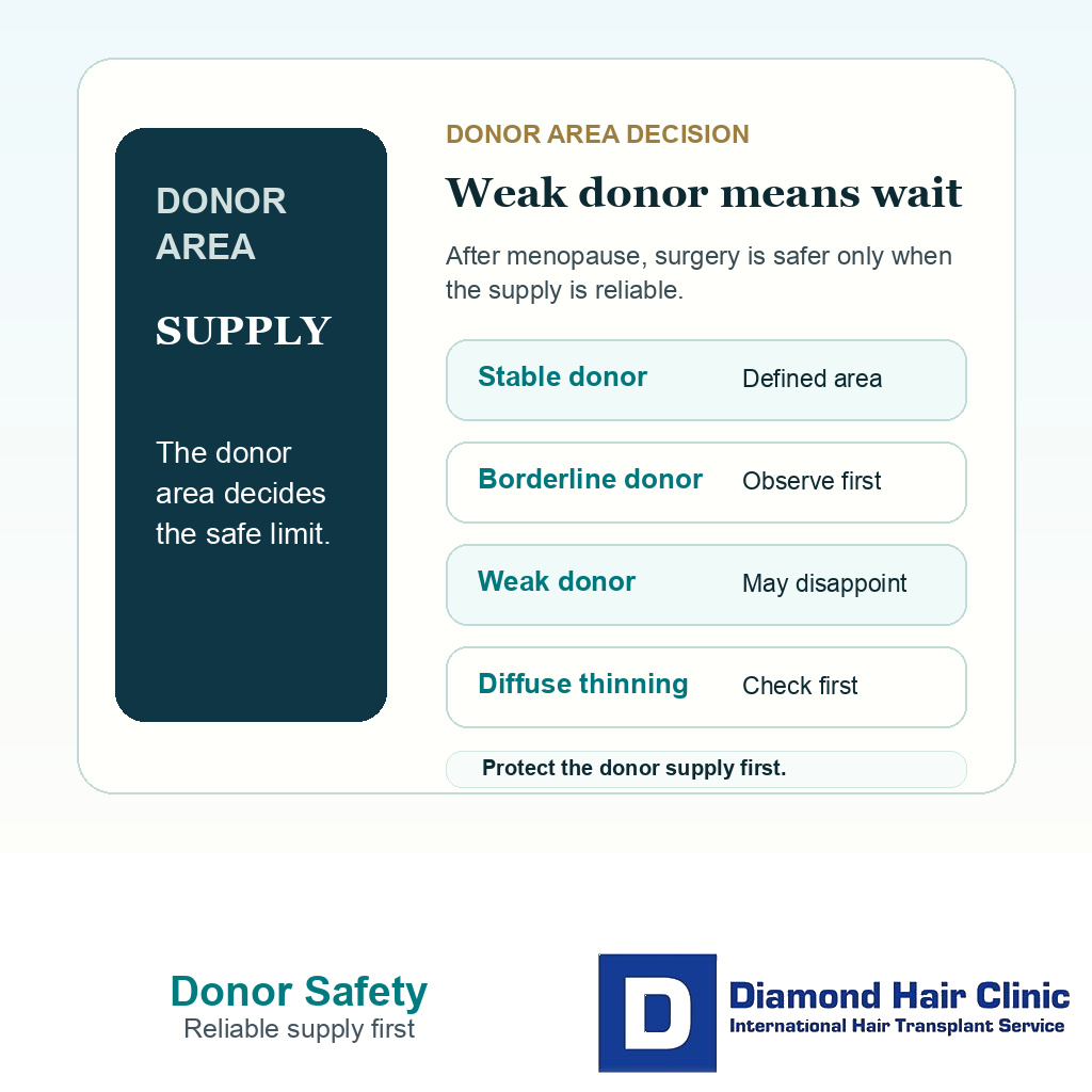 Clinical support card explaining that donor area stability should decide whether menopause related hair loss is safe for hair transplant planning