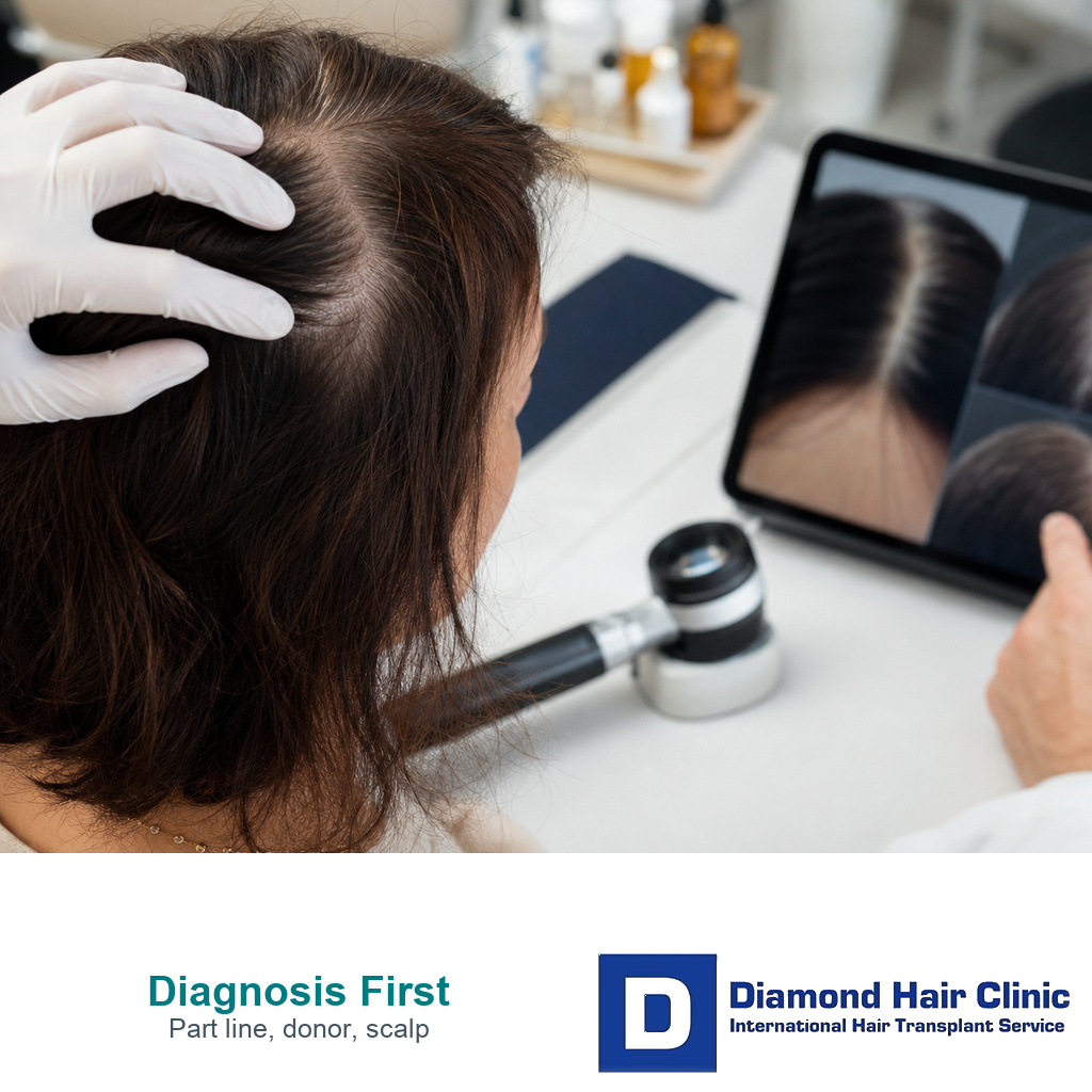 Close clinical review of menopause related part line thinning before hair transplant graft planning