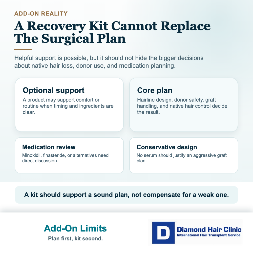 Diamond Hair Clinic visual explaining why mesotherapy after hair transplant should not replace surgical planning, donor safety, and medication review