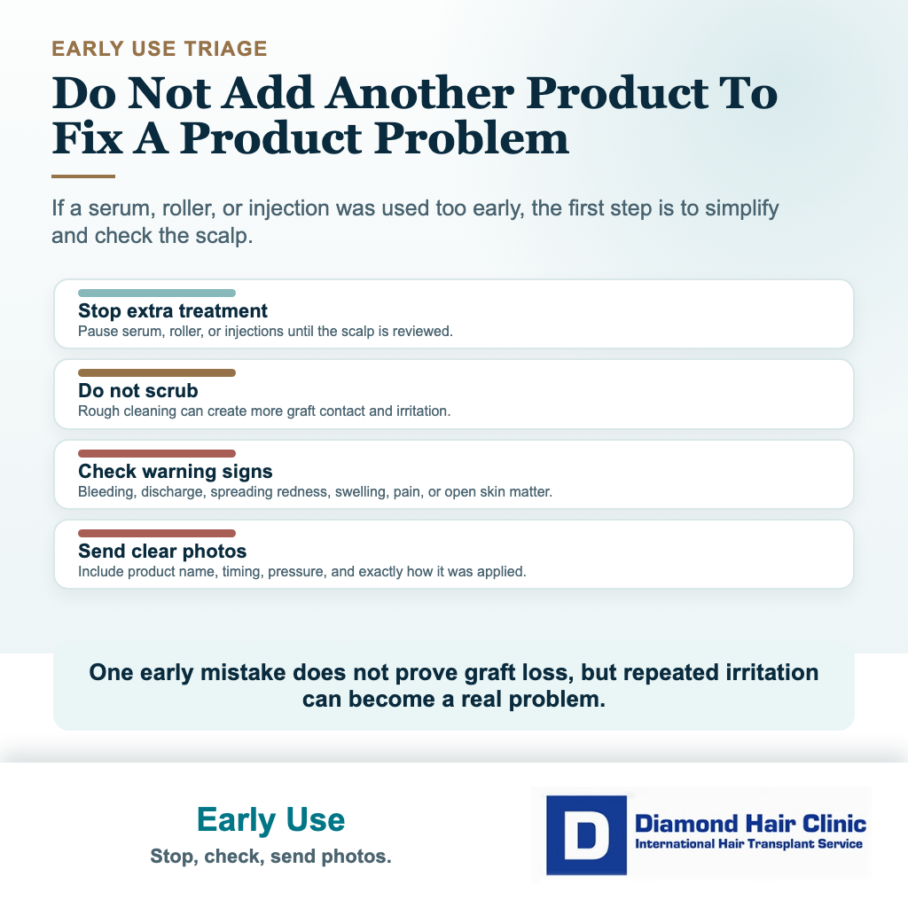 Diamond Hair Clinic visual explaining what to do if mesotherapy, serum, or a scalp roller was used too early after hair transplant