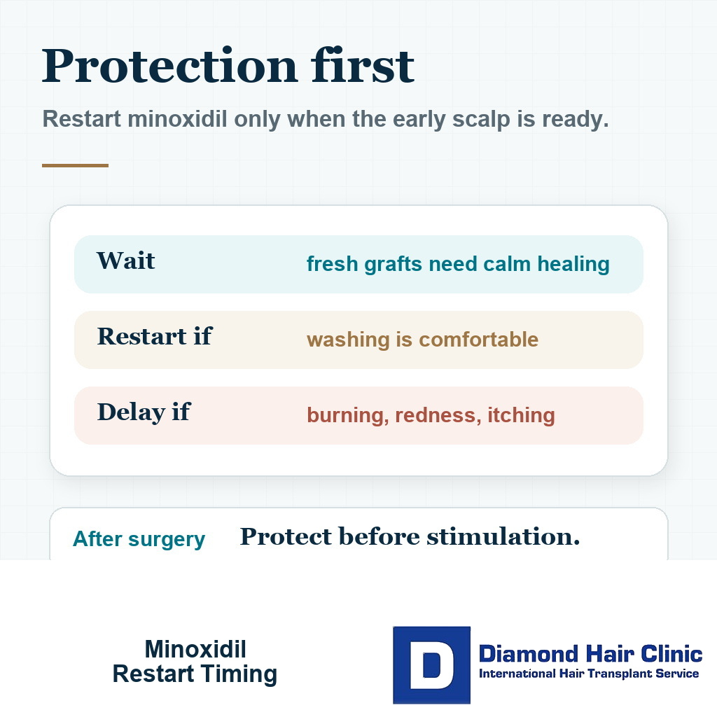 Visual guide explaining when minoxidil can be restarted after hair transplant depending on scalp healing