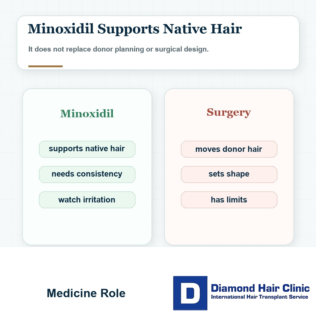 Comparison visual explaining the role of minoxidil and surgery after a hair transplant