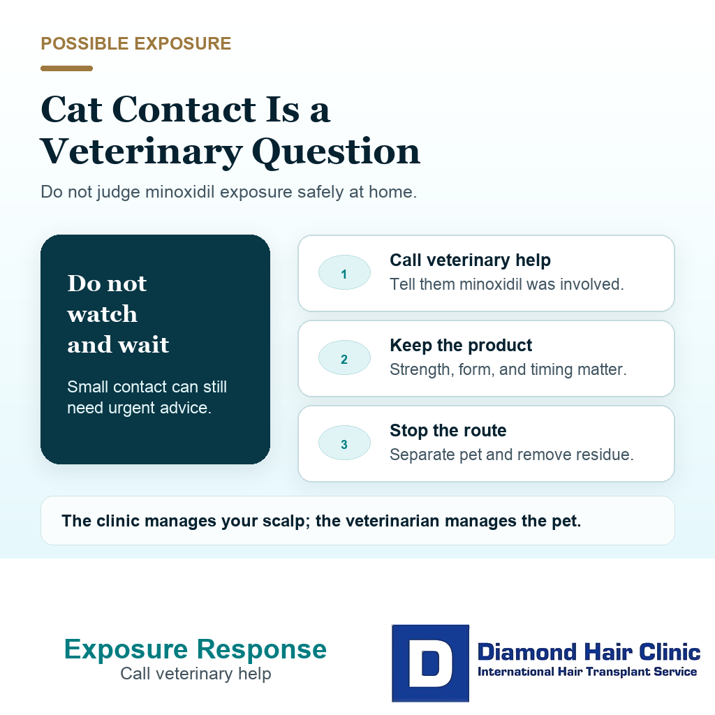 Support visual explaining that possible cat exposure to topical minoxidil needs veterinary help product details and residue control