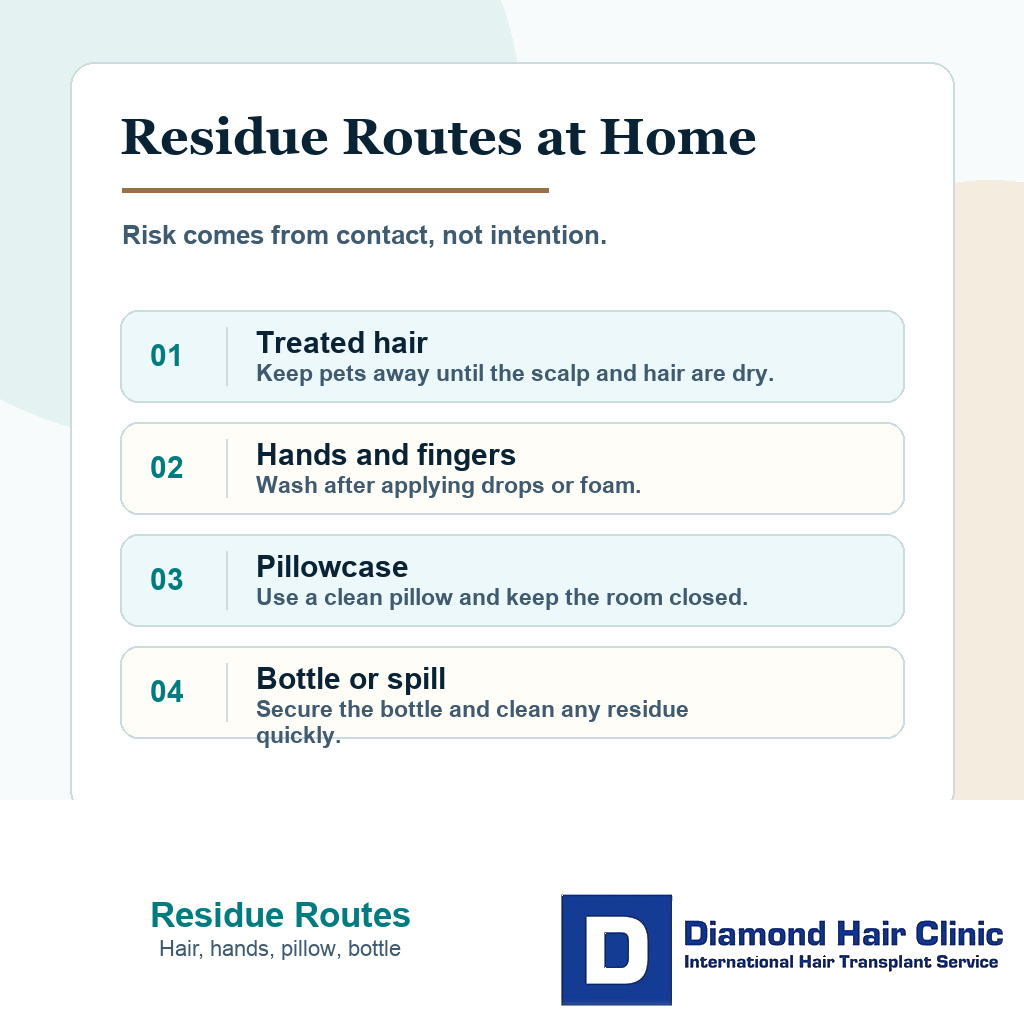 Diamond Hair Clinic visual showing topical minoxidil residue routes that can expose cats or dogs