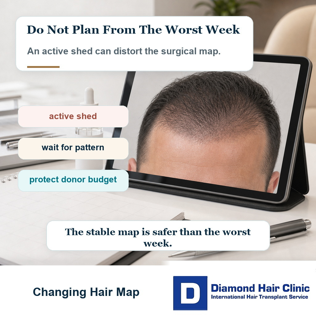 Visual showing that an active minoxidil shed can distort the hair transplant planning map