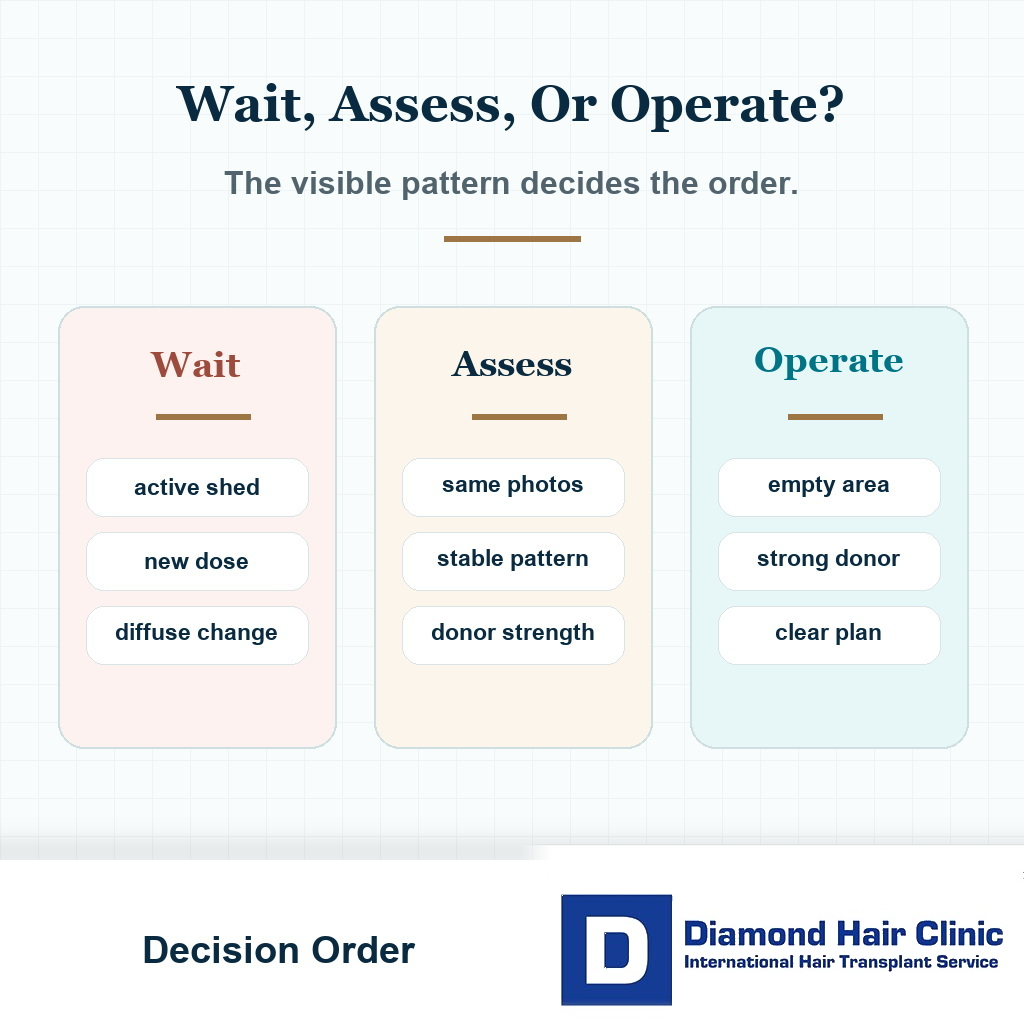 Decision card showing when to wait assess or operate during an active minoxidil shed
