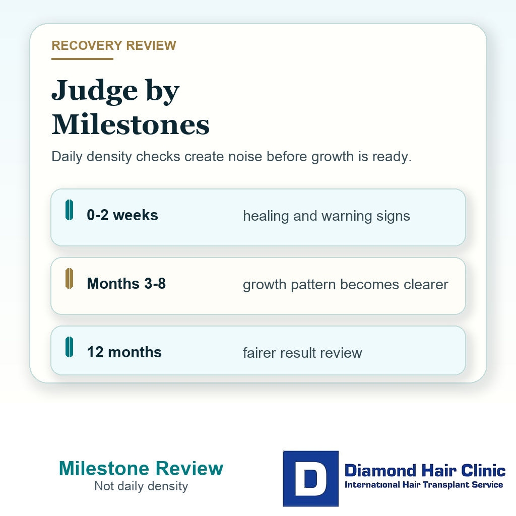 Clinical support card explaining that mirror checking after FUE should judge recovery by milestones rather than daily density, from early healing through month three to eight and twelve-month review.