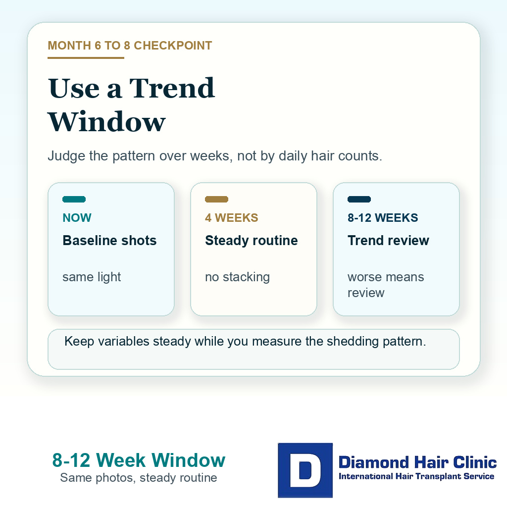 Information card explaining how to judge month 6 to 8 shedding after FUE over an 8 to 12 week photo window without daily panic or product stacking.