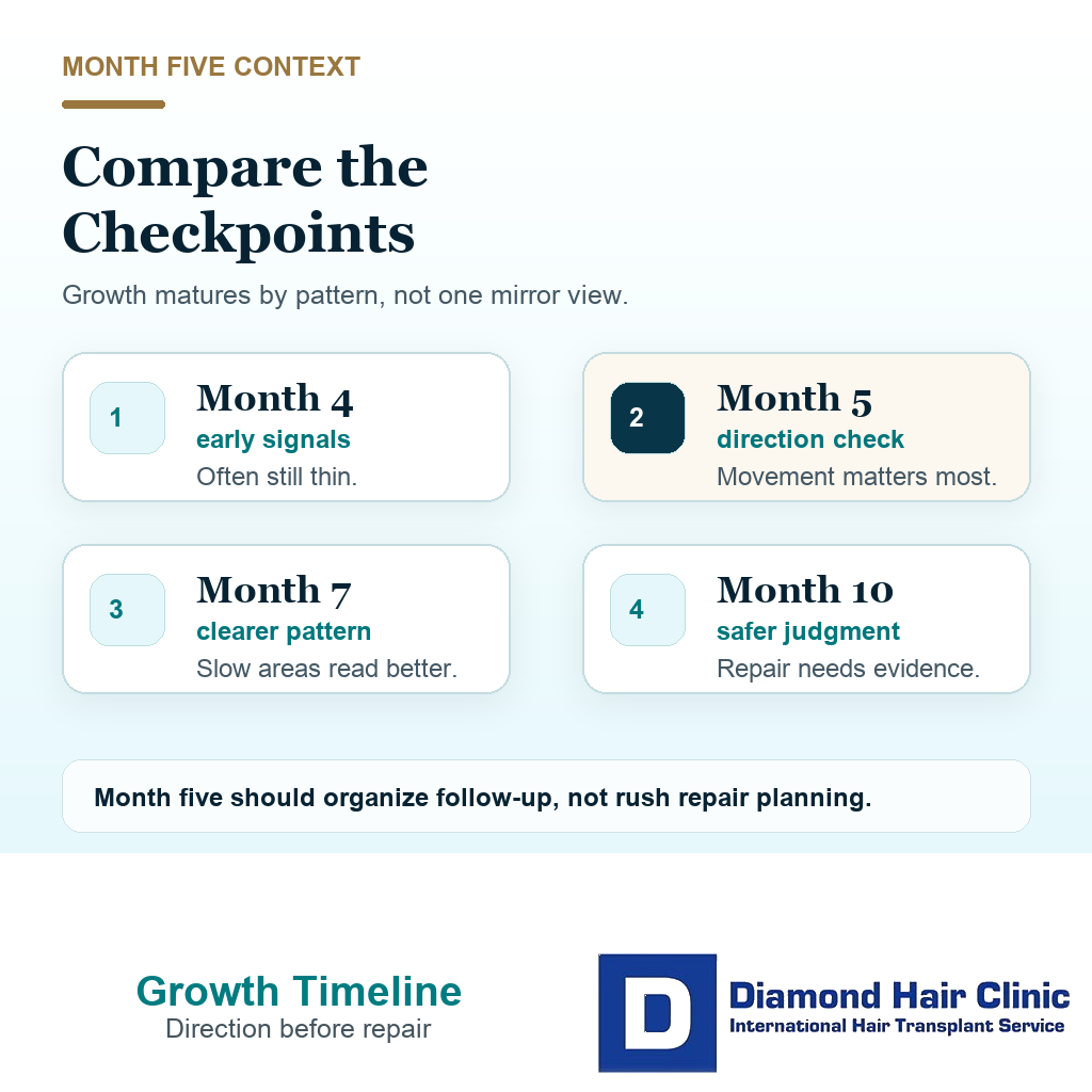 Support visual comparing month four month five month seven and month ten hair transplant growth checkpoints