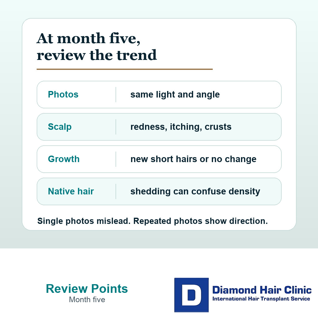 Information card listing photo, scalp, growth, and native hair review points at month five