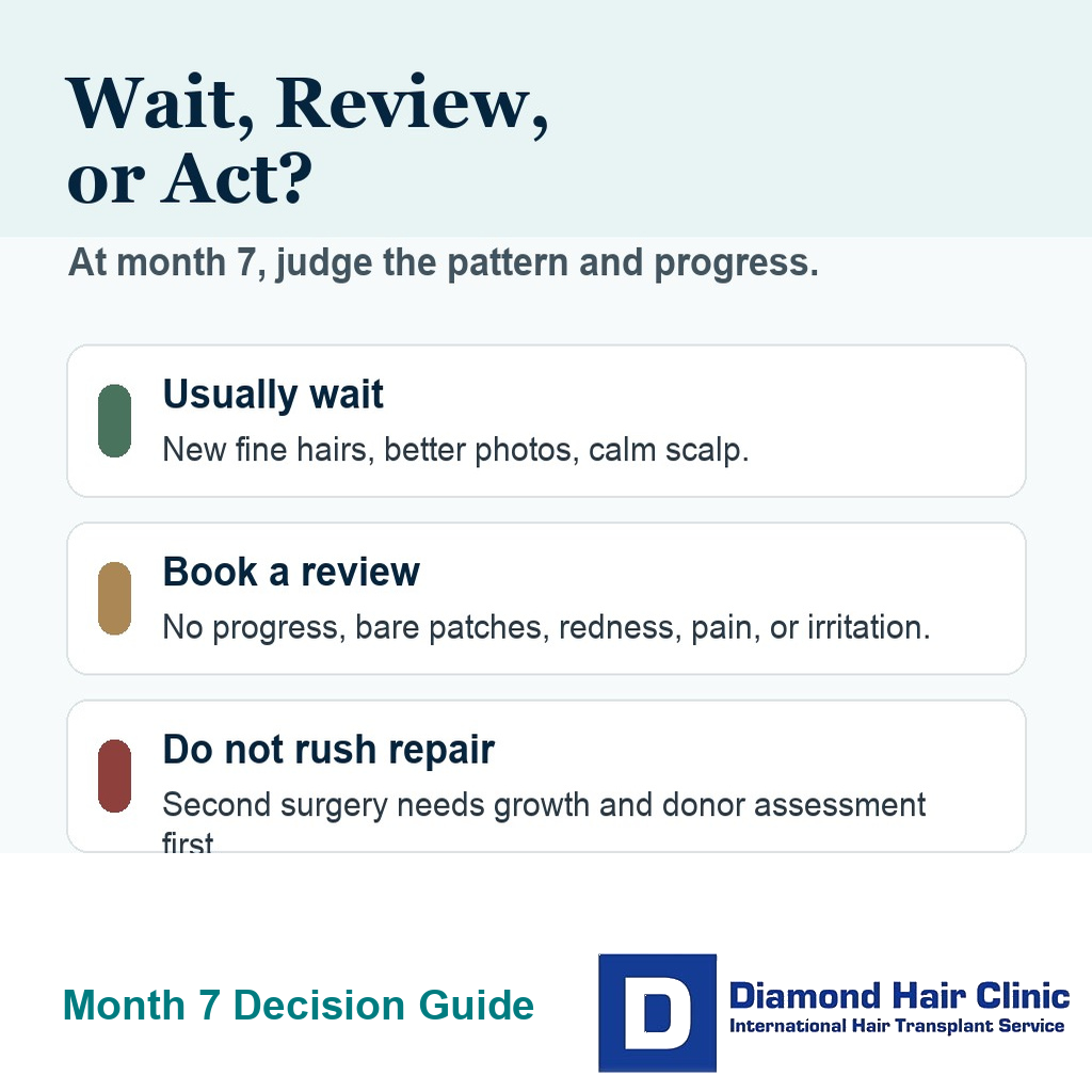 Decision guide for whether to wait or book a review when a hair transplant still looks thin at seven months.