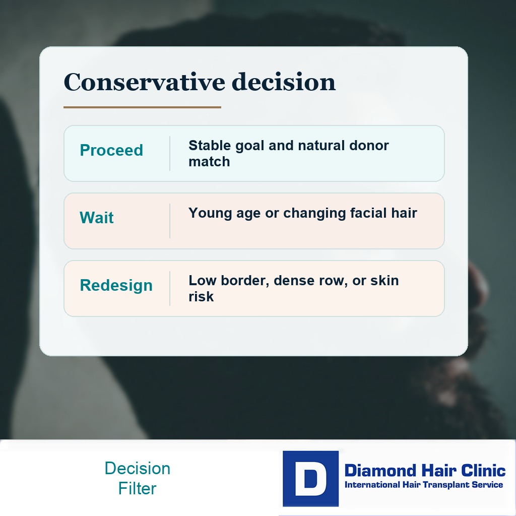 Decision card showing proceed wait or redesign considerations before mustache transplant surgery