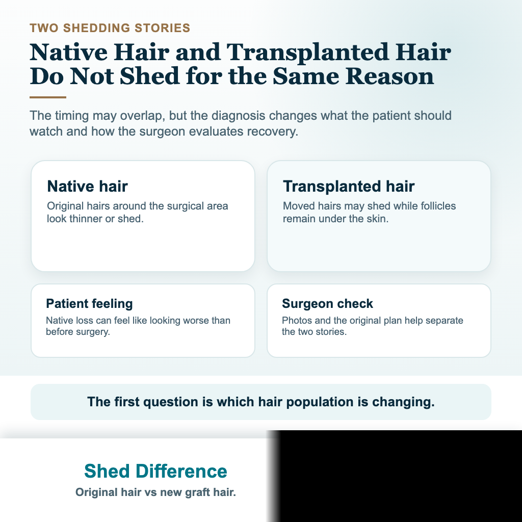 Comparison card separating native hair shock loss from transplanted hair shedding after a hair transplant