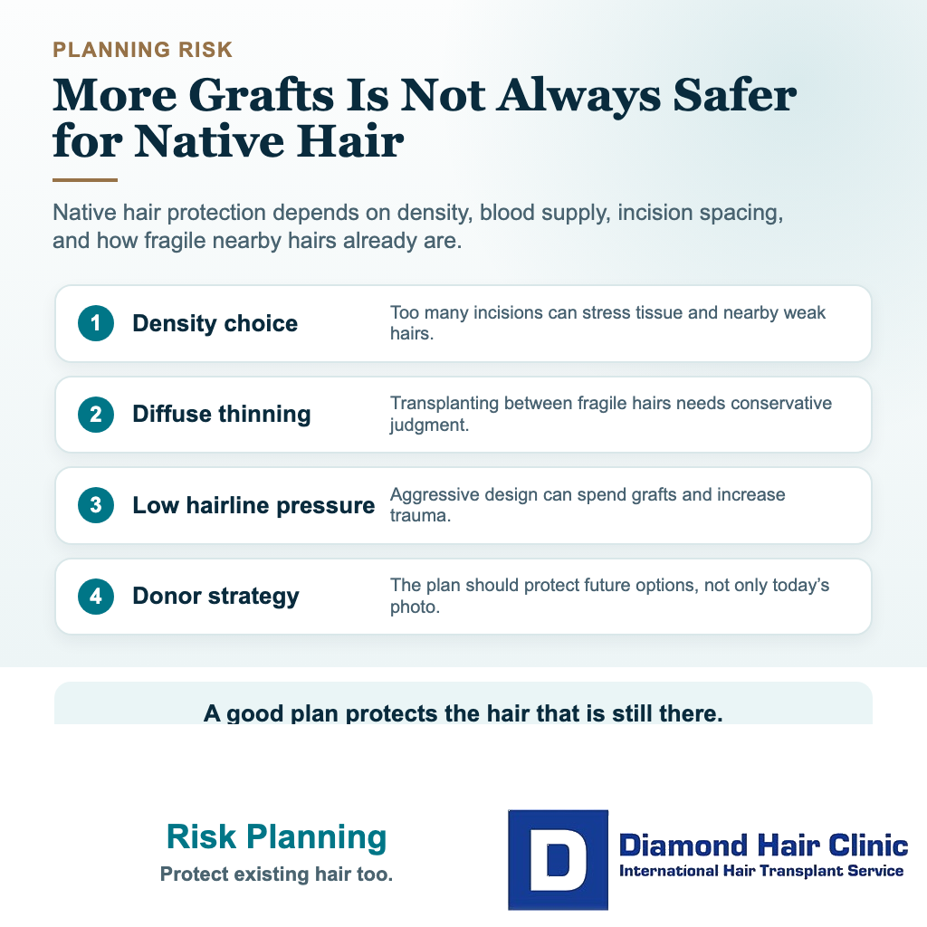 Safety ladder showing planning factors that can increase native hair shock loss risk after transplant surgery