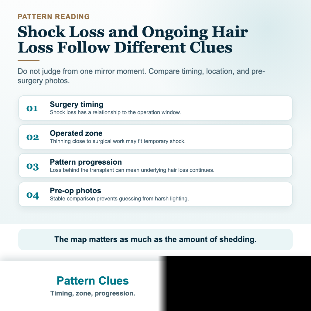 Pattern card comparing surgery-related native shock loss with ongoing hair loss after a hair transplant